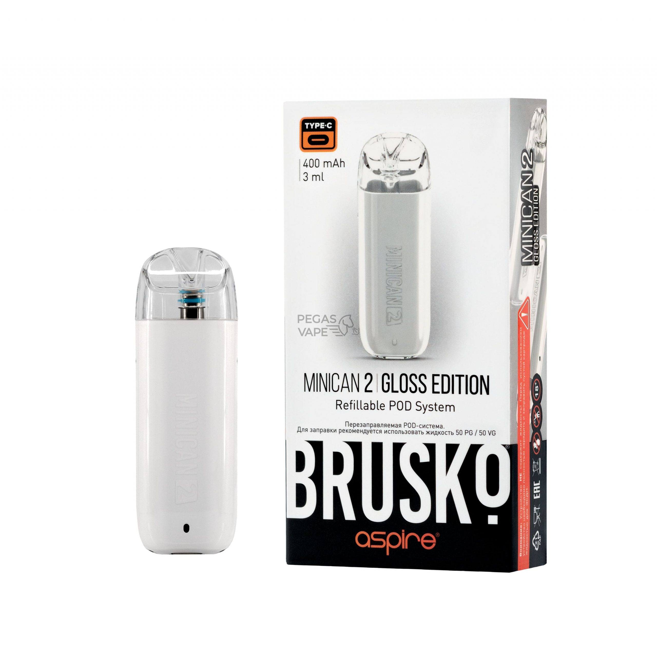 ЭС BRUSKO MINICAN 2 GLOSS EDITION, 400 MAH, БЕЛЫЙ