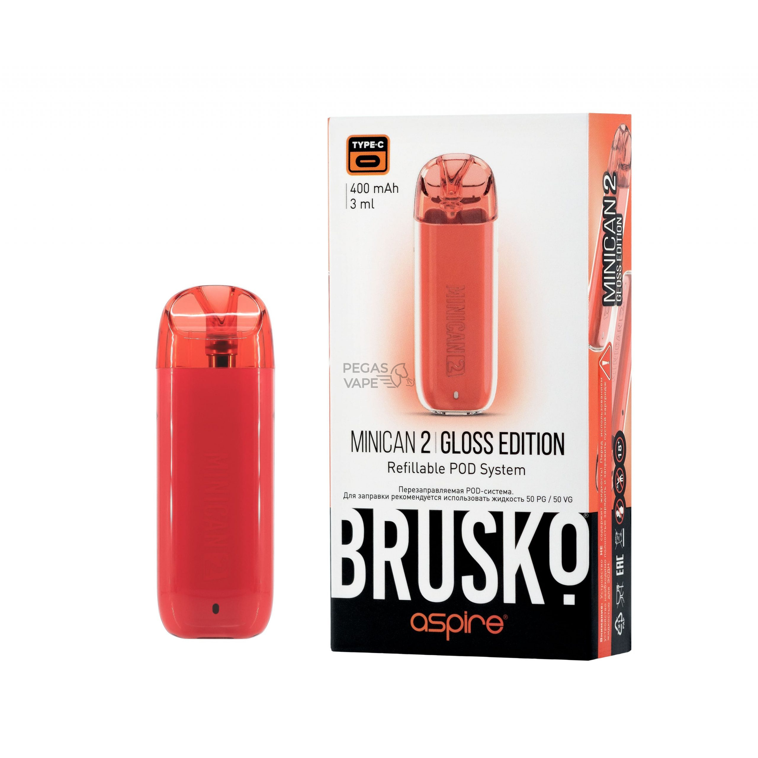 ЭС BRUSKO MINICAN 2 GLOSS EDITION, 400 mAh, Красный